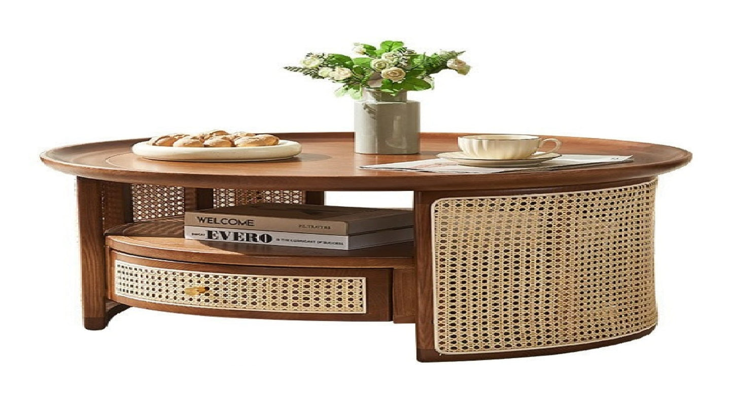 vodrohome Rattan Coffee Table With Drawer – cane center table with shelf for storage – bohemian solid mango wood coffee table for office and living room C#055