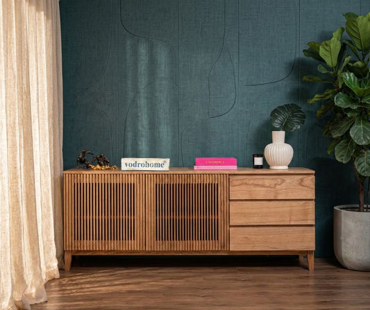 vodrohome Solid Accacia wood consol table – side board with three drawers and 2 compartments with slatted doors 180x40x70 cm SB#001
