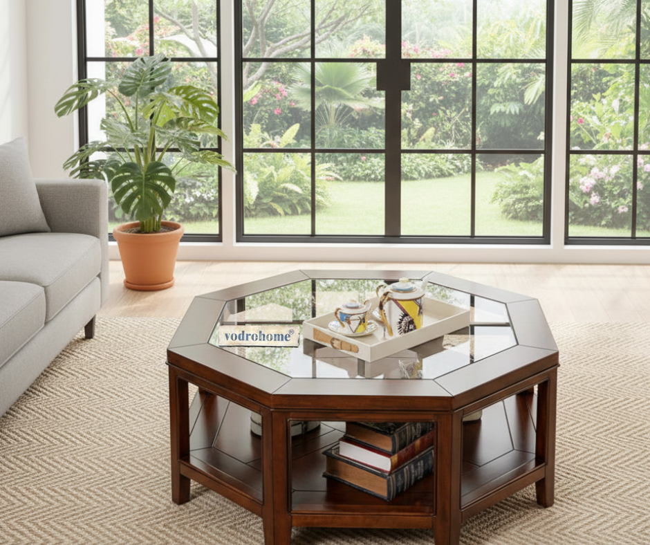 vodrohome tea table for living room – mango wood coffee table with storage shelf – center table - sofa set table furniture octagonal tea table coffee table with glass C#050