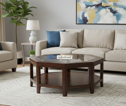 vodrohome tea table for living room – mango wood coffee table with storage shelf – center table - sofa set table furniture octagonal tea table coffee table with glass C#050
