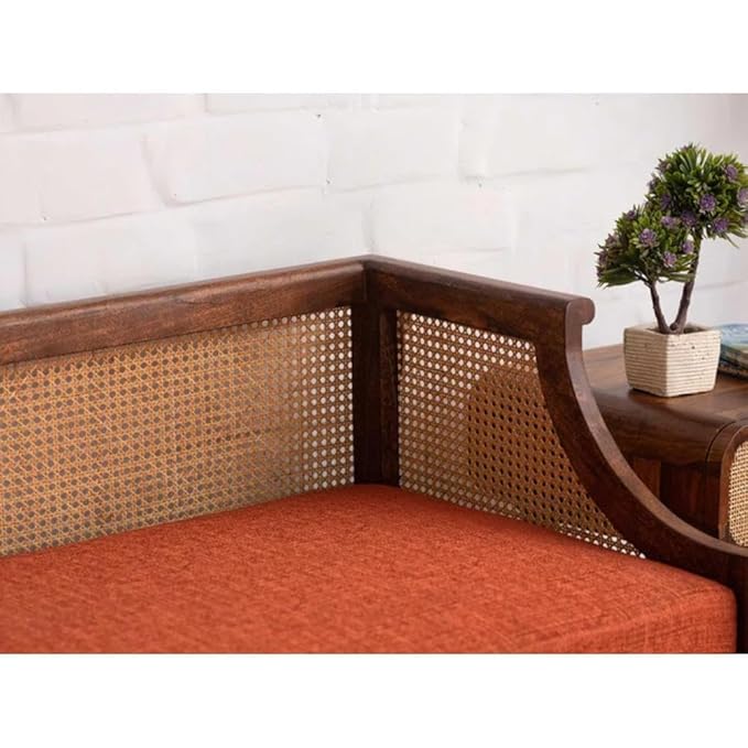 vodrohome two seater rattan cane sofa with wooden frame teak finish| fabric lounge sofa | cotton linen sofa SO#023
