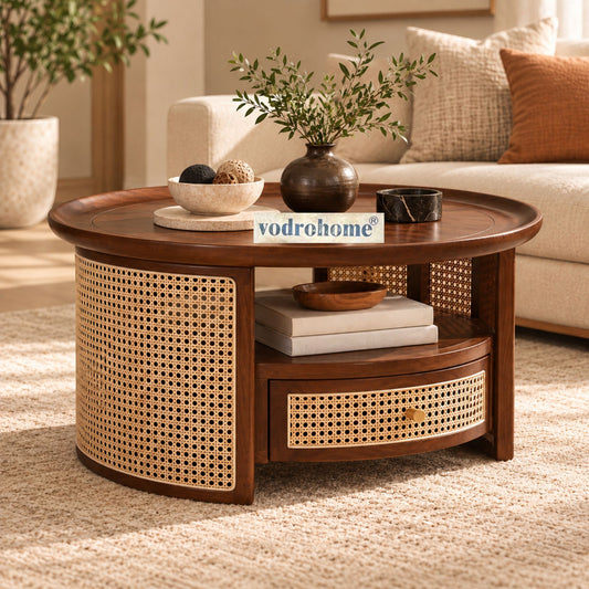 vodrohome rattan coffee table with drawer – cane center table with shelf for storage – bohemian solid mango wood coffee table for office and living room C#054 Variation