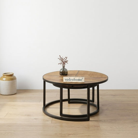 vodrohome cane nesting coffee table - rattan round centre table with storage – set of 2 mango wood center table C#048