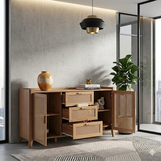 Vodrohome solid wood mango crockery unit - summer garden dresser with drawers – rattan cane side board. CM SB#008
