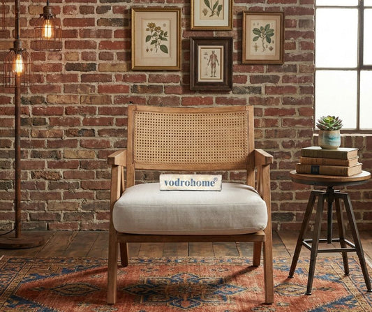 vodrohome Rattan cane accent Z chair - upholstered arm chair cum sofa lounge chair mango wood, beige 68x69x70 cm CH#022