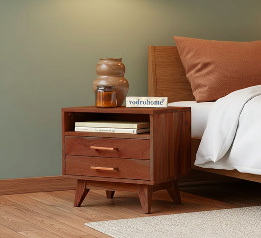 Vodrohome Acacia wood bedside table with 2 drawers and an open compartment –modern style night stand 48x35x45 cm S#012