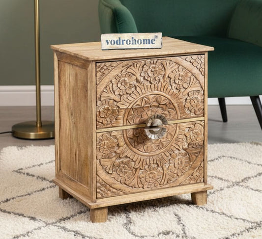 Vodrohome mango wood bedside table with two drawers – classic design night stand with beautiful carving 40x33x51 cm S#018