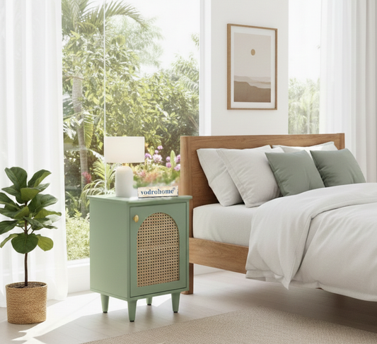Vodrohome Mango wood rattan bedside table with Shelf – Hawamahal collection cane side table 38x37x56 cm S#002