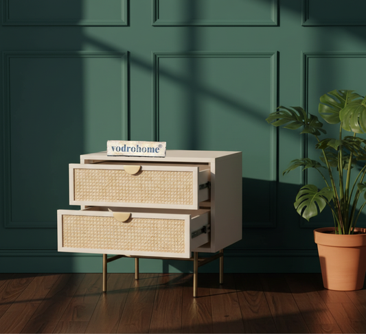 Vodrohome Solid Mango wood rattan bedside table with two drawers 50x45x61cm S#005