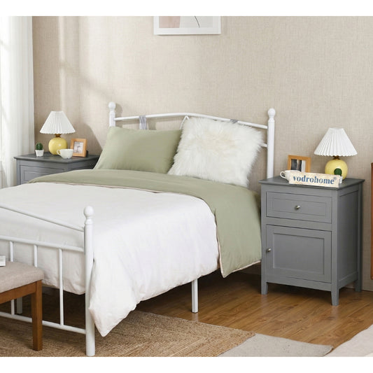Vodrohome Acacia wood bedside table with 1 drawer and an compartment with door, solid wood night stand in gray finish 48x38x63 cm S#013