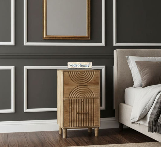 Vodrohome solid mango wood bedside table with boho style natural finish with two boxy drawers 51x38x70 cm S#027