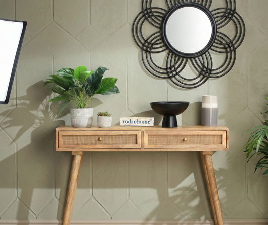 vodrohome 2 Drawer cane consol table for hallway - rattan console tables for entryway CO#004