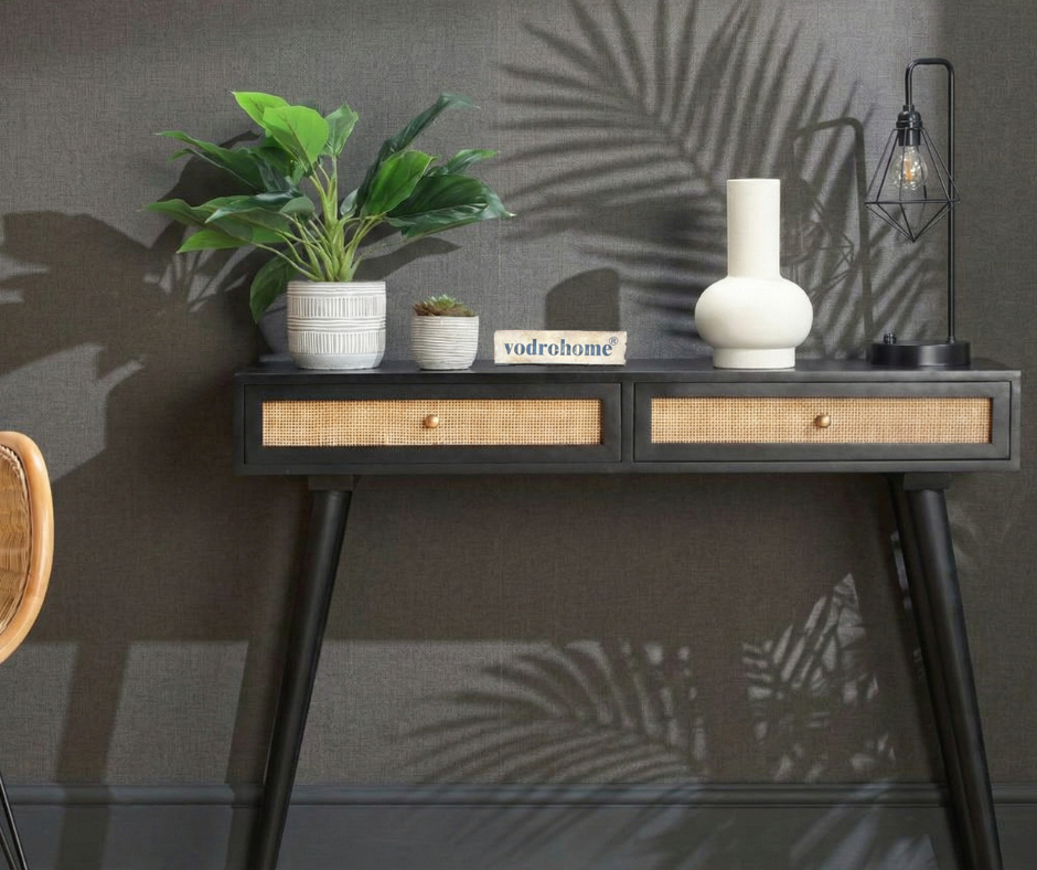 vodrohome 2 Drawer cane consol table for hallway - rattan console tables for entryway CO#004