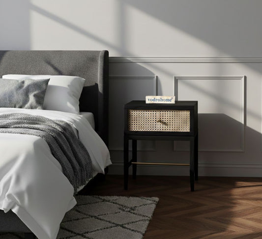 Vodrohome Solid sheesham wood rattan bedside table with one drawers – sheeham wood end table 40x40x50 cm S#007