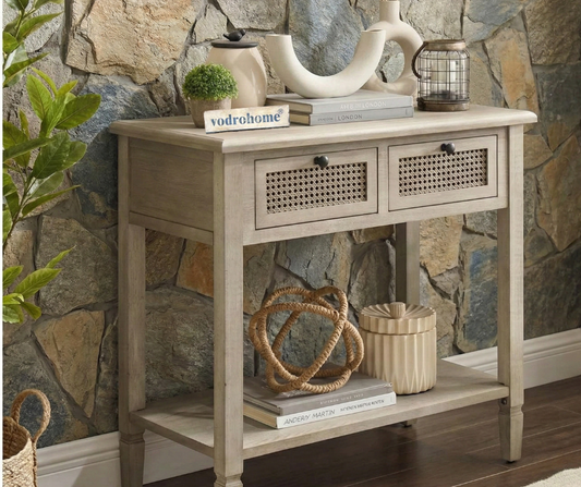 vodrohome Raythan 2 Drawer cane consol table with open shelf for hallway - rattan console tables for entryway CO#006