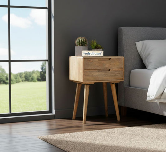 Vodrohome Solid mango wood bedside table with tapered legs - 2 drawers night stand end table 47x35x61 cm S#028