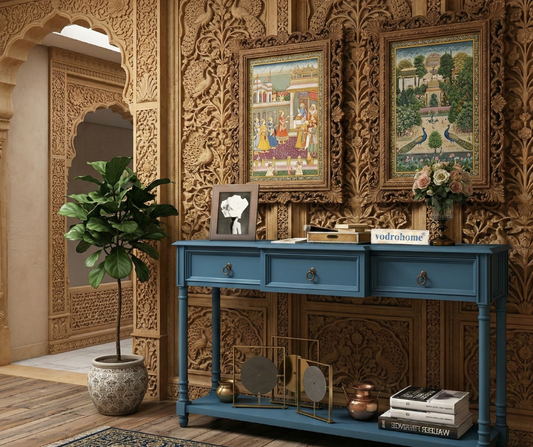 vodrohome® Modern Console Table with Storage Drawers – blue mango wood 3 drawer consol with designer tapered legs – entryway / hallway table CO#003