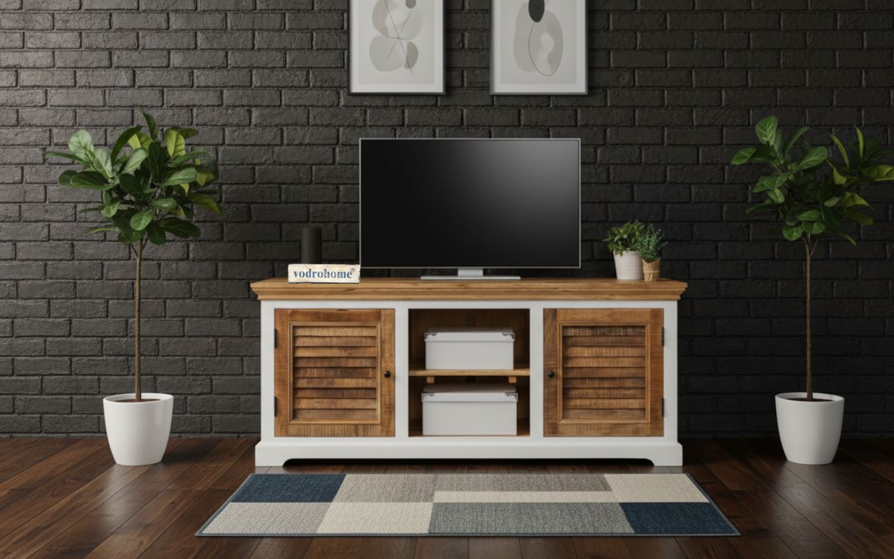 vodrohome White Wave Solid Wood TV Unit – 2 Door Cabinet