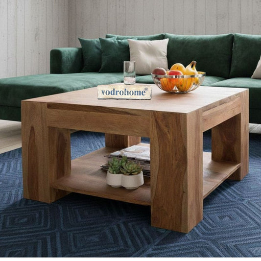 vodrohome Sheesham Wood Square Coffee Table With Storage Shelf For Living Room Natural Finish – Tea Table In Contemprory Style For Confrence Room C#010
