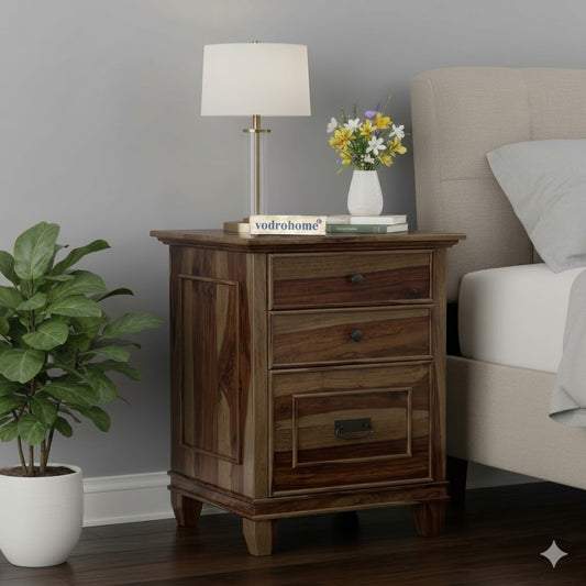 vodrohome Solid sheeham wood night stand table modern - three drawers bed side table 51x41x61 cm S#032