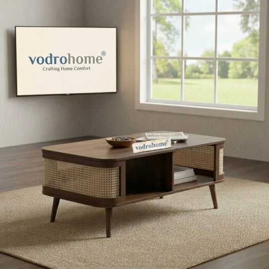vodrohome Rattan Coffee Table With storage – cane center table with shelf for storage – bohemian solid mango wood coffee table for office and living room C#061