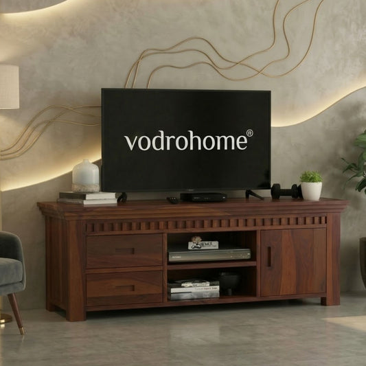 vodrohome jodhpur tv unit cabinet with slatted door compartment– solid sheesham wood tvc – tv consol table with set up box shelf 147 x 45 x 53 cm TV#022
