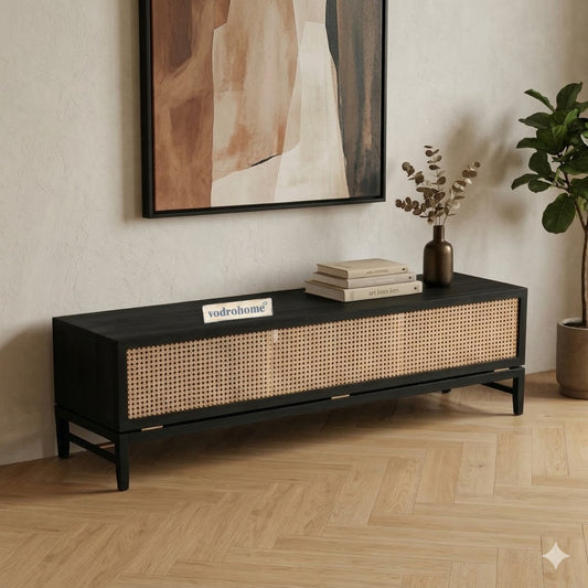 vodrohome modern tv unit cabinet finish – solid mango wood tvc with Flip-Up Door and 3 compartments – tv consol table with set up box shelf TV#012