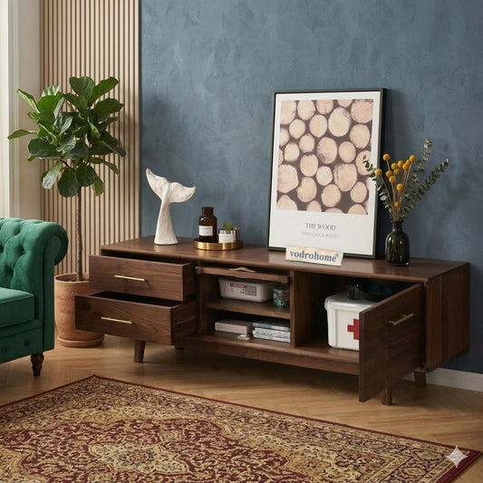 vodrohome modern tv unit cabinet walnut finish – solid acacia wood tvc with Flip-Up Doors – tv consol table with set up box shelf TV#010