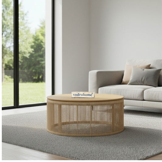 vodrohome rattan coffee table – jute weaving center table in natural finish – bohemian solid mango wood coffee table for office and living room C#064