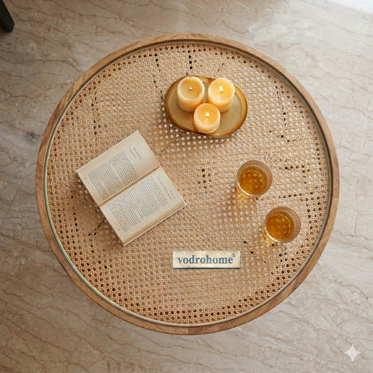 vodrohome cane solid wood coffee table - rattan round centre table– mango ideal tea table for living rooms C#029