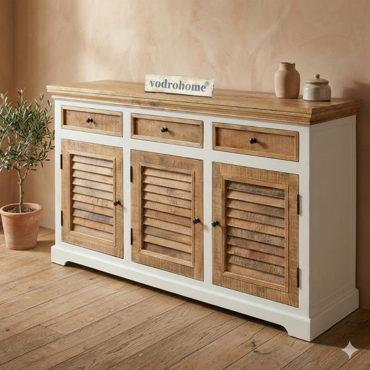 vodrohome solid mango wood side board with three drawers and 3 doors rough finish – white wave dua tone sideboard 180x40x70 cm SB#002