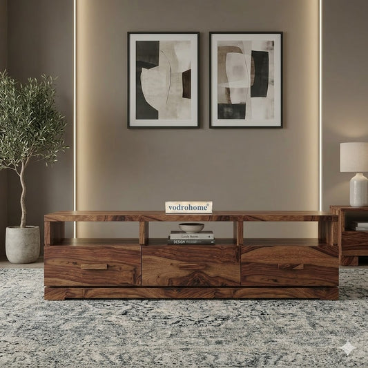 vodrohome tv unit cabinet with 3 drawers – solid sheesham wood entertainment unit - tv consol table with open set up box shelf 175 x 41 x 43 cm TV#018