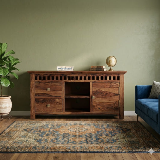 vodrohome tv unit cabinet with slatted door compartment walnut – solid sheesham wood tvc – tv consol table with set up box shelf 113 x 45 x 53 cm TV#021