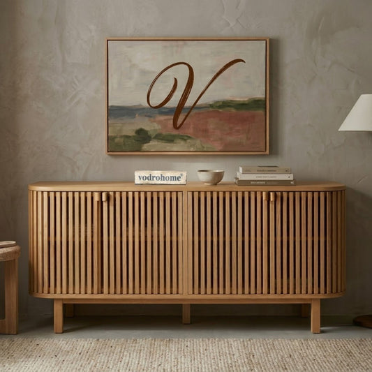 vodrohome modern tv unit cabinet natural finish – solid mango wood slatted tvc – tv consol table with set up box with storage TV#030