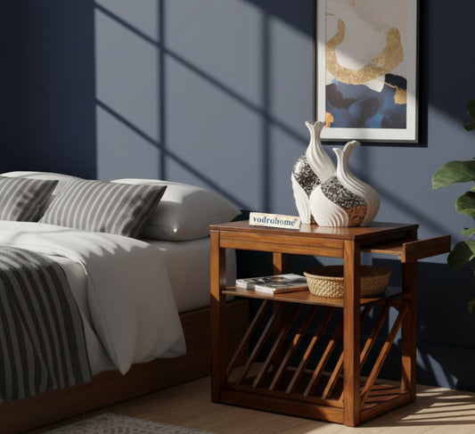 Vodrohome Solid Acacia wood night stand table with an open compartment and magazine holder or pull out tray bed side table 56x35x60 cm S#031