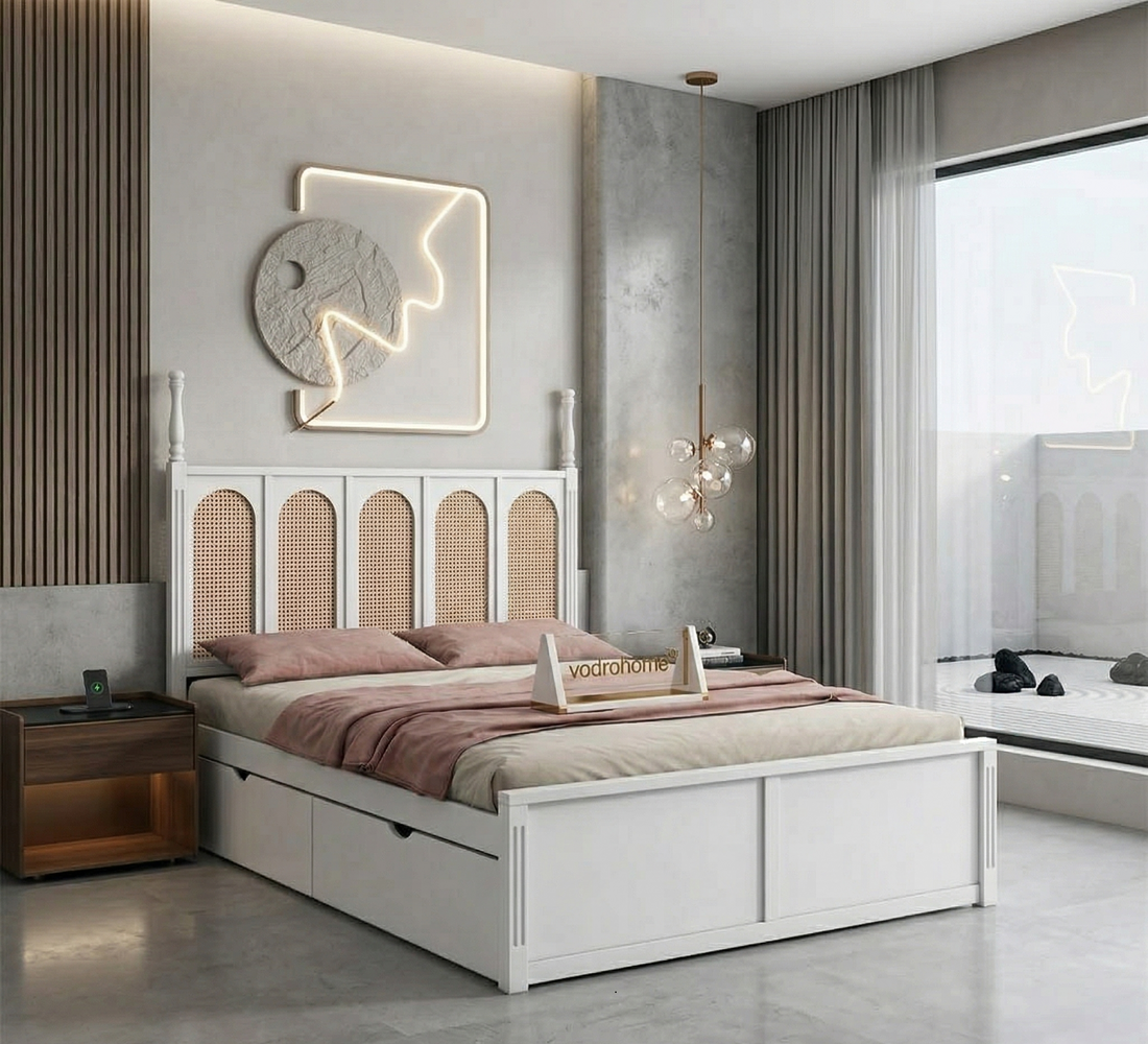 Elevate Your Bedroom with the vodrohome® Sisley Rattan Bed with Drawer Storage