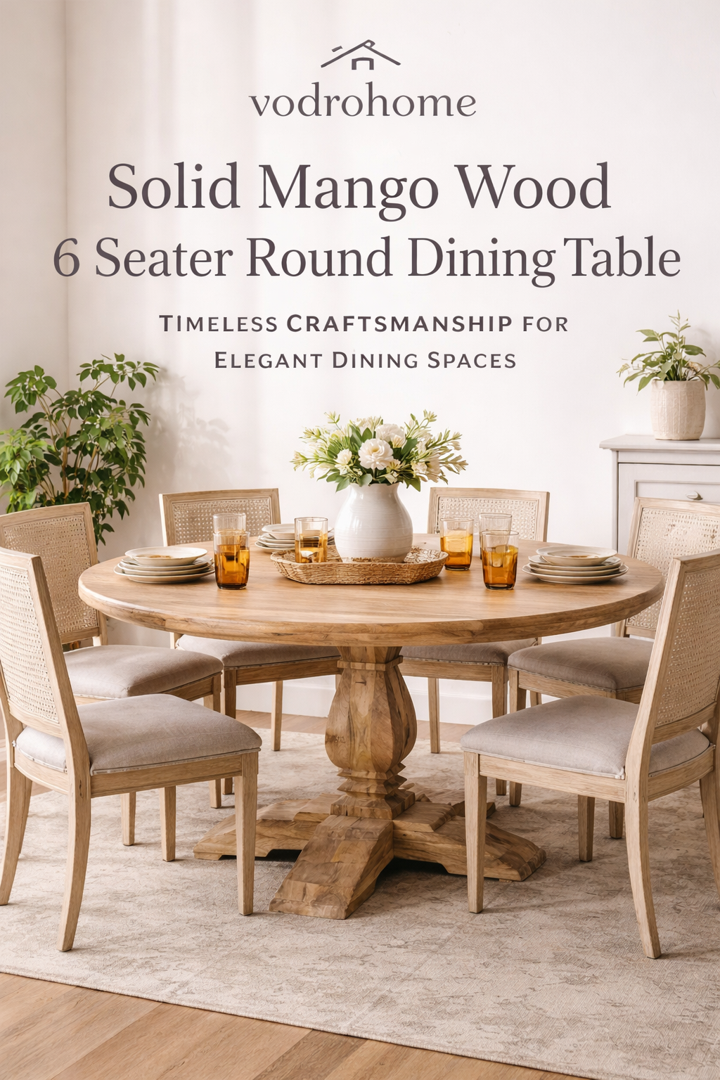 Solid Mango Wood 6 Seater Round Dining Table by Vodrohome – Timeless Craftsmanship for Elegant Dining Spaces