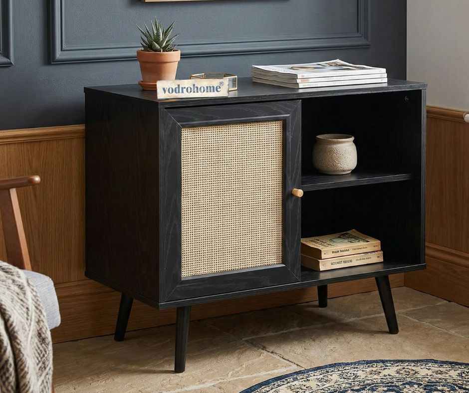 Vodrohome Mango Wood and Cane Rattan Detail Storage Cabinet – A Perfect Bohemian Storage Solution