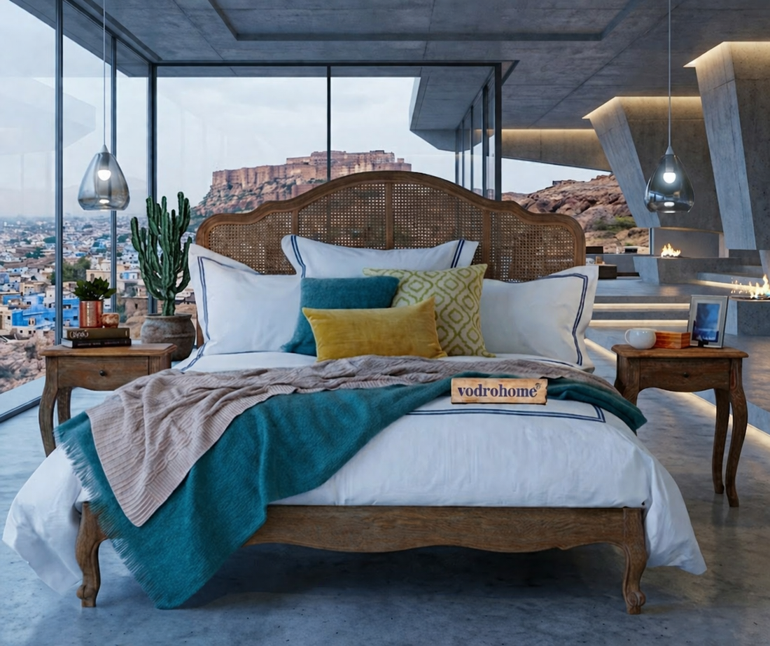 Vodrohome Hawamahal Haveli Rattan Cane Bed – Natural Luxurious Bedroom Elegance