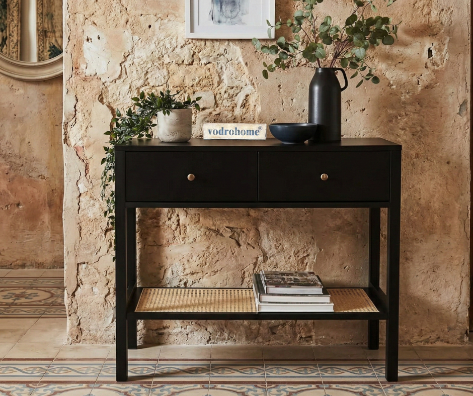 vodrohome 2 Drawer Cane Console Accent Table with Open Shelf for Hallway