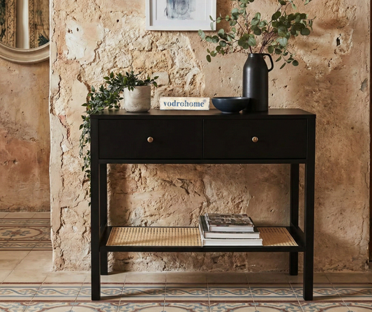 vodrohome 2 Drawer Cane Console Accent Table with Open Shelf for Hallway