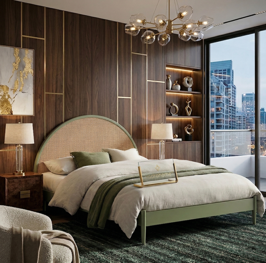 vodrohome® Ashley Solid Wood Rattan Cane Bed with Curved Headboard – A Stylish Choice for Modern Homes