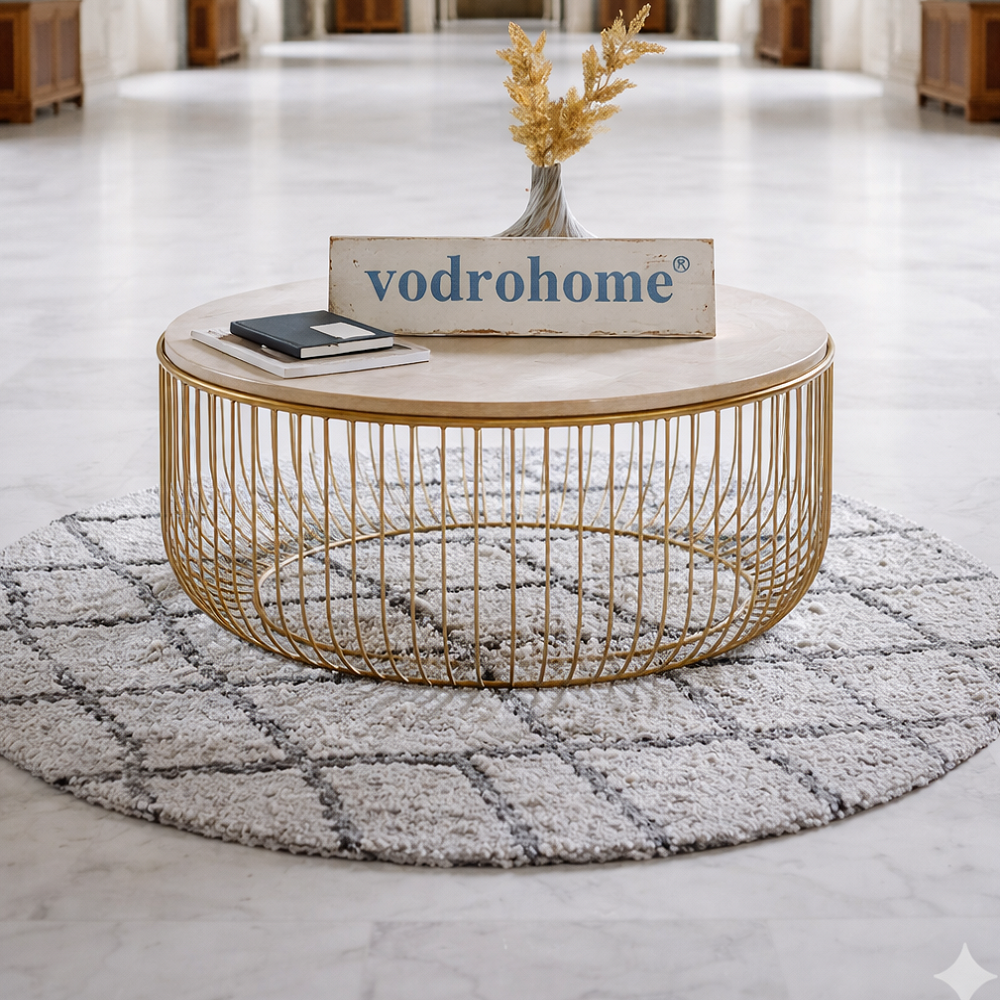 vodrohome® Brass Gold Coffee Table – Marble Stone Coffee Table with Iron Base for Living Room
