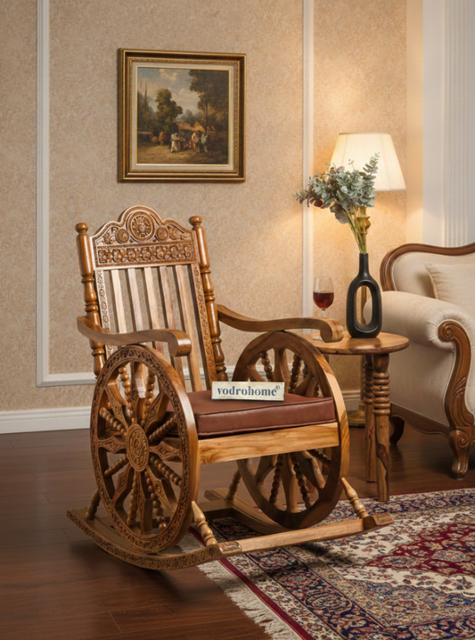vodrohome Jodhana Carved Sheesham Wood Chair – Solid Wood Rocking Recliner with Leather Cushion