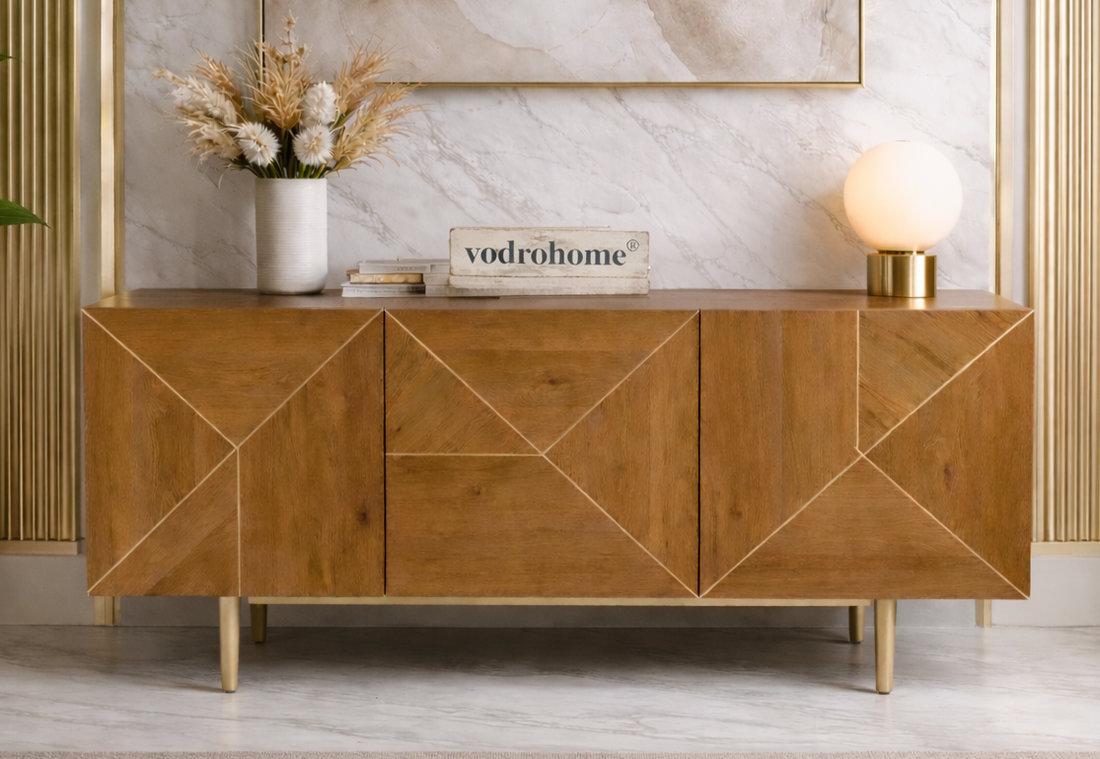vodrohome® Luxury TV Unit Cabinet with Geometrical Design – Solid Acacia Wood TVC with Iron Base & Setup Box Shelf