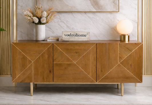 vodrohome® Luxury TV Unit Cabinet with Geometrical Design – Solid Acacia Wood TVC with Iron Base & Setup Box Shelf