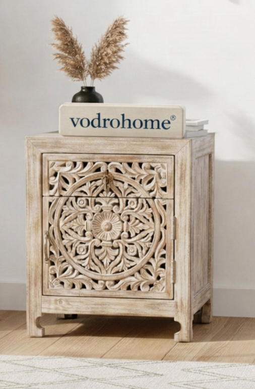 vodrohome® Mango Wood Bedside Table with One Door and One Drawer – Distress Finish Carved Bedside with Drawer
