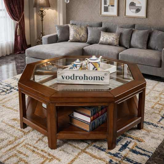 vodrohome® tea table for living room – mango wood coffee table with storage shelf – center table - sofa set table furniture octagonal tea table coffee table with glass