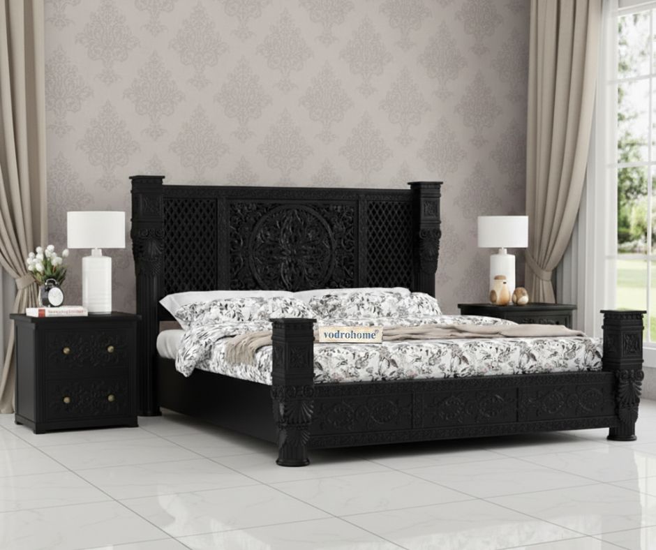 vodrohome® Mewar Black Deco Carved Bed: A Statement of Timeless Elegance