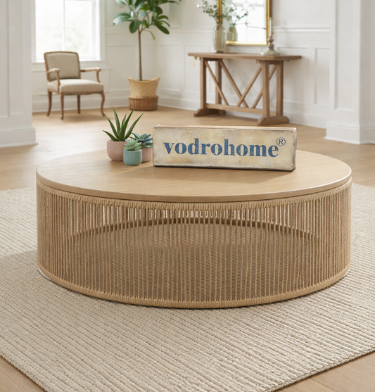 vodrohome® Rattan Coffee Table – Jute Weaving Center Table in Natural Finish, Bohemian Solid Mango Wood Coffee Table for Office and Living Room